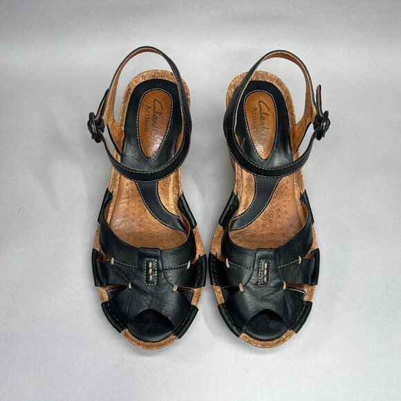 Clarks Artisan Sandals Women's Size 6 Black Leather Strappy Cork Wedge Heels - Picture 3 of 12
